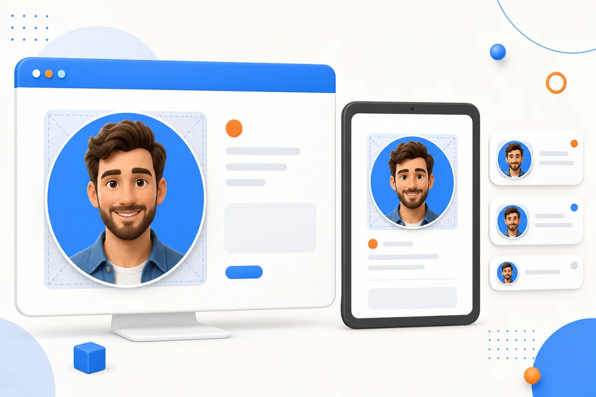 The same centered circular profile picture remains recognizable on desktop, tablet, and small comment cards